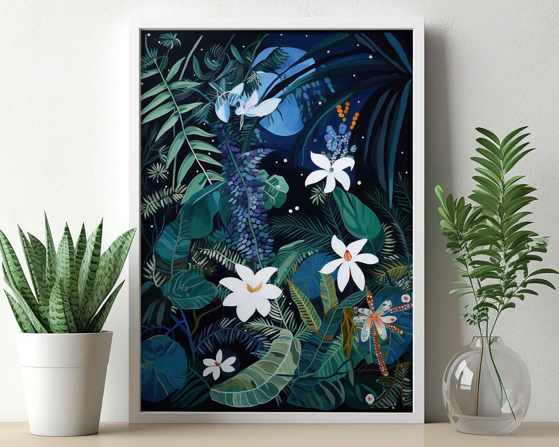 Framed Image of Wall Art Poster Print Night Tropical Flowers and Leaves Naive Style