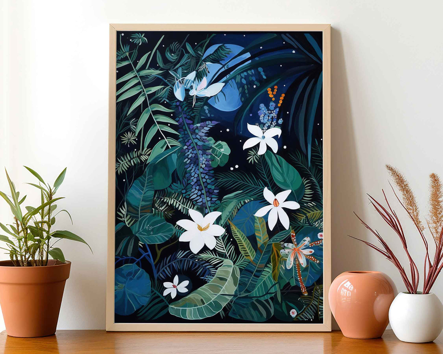 Framed Image of Wall Art Poster Print Night Tropical Flowers and Leaves Naive Style