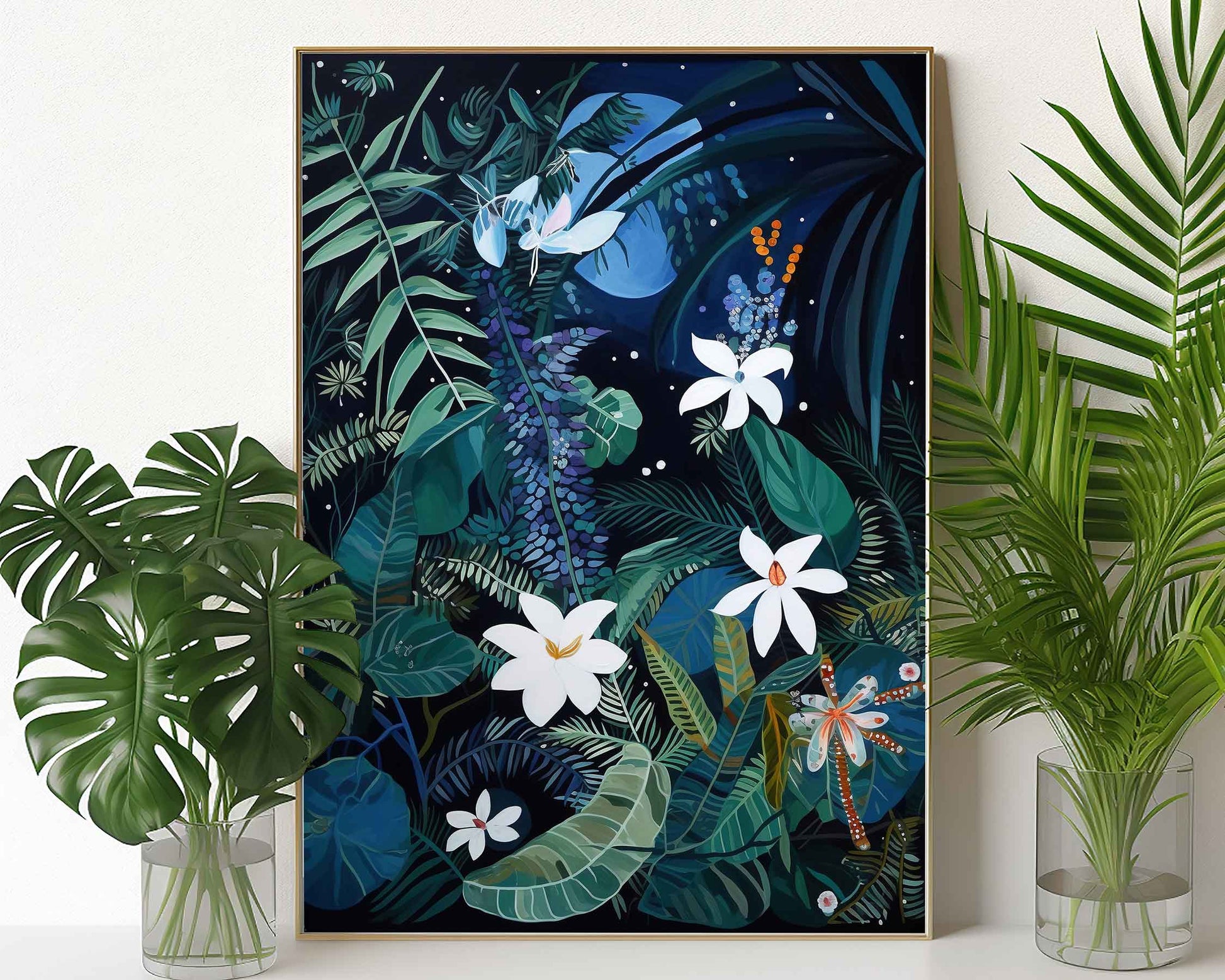 Framed Image of Wall Art Poster Print Night Tropical Flowers and Leaves Naive Style