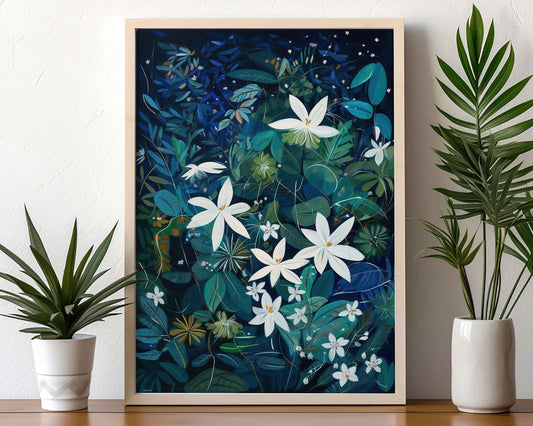 Framed Image of Wall Art Poster Print Night Tropical Flowers and Leaves Naive Style