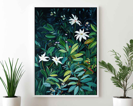 Framed Image of Wall Art Poster Print Night Tropical Flowers and Leaves Naive Style