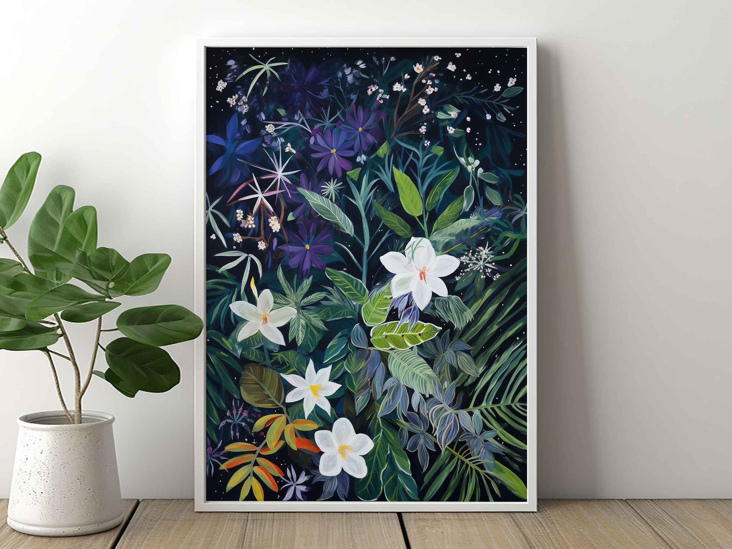 Framed Image of Wall Art Poster Print Night Tropical Flowers and Leaves Naive Style