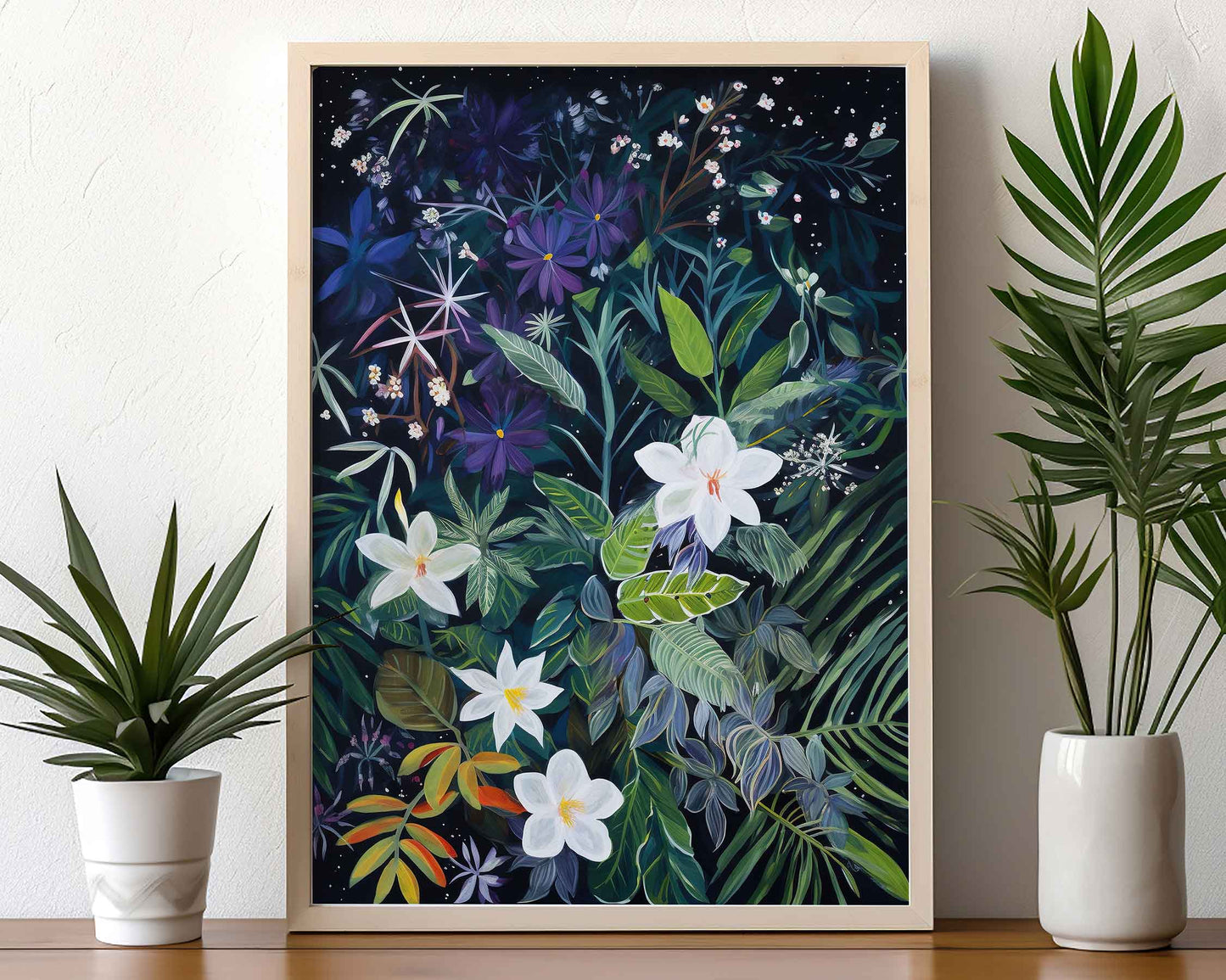 Framed Image of Wall Art Poster Print Night Tropical Flowers and Leaves Naive Style