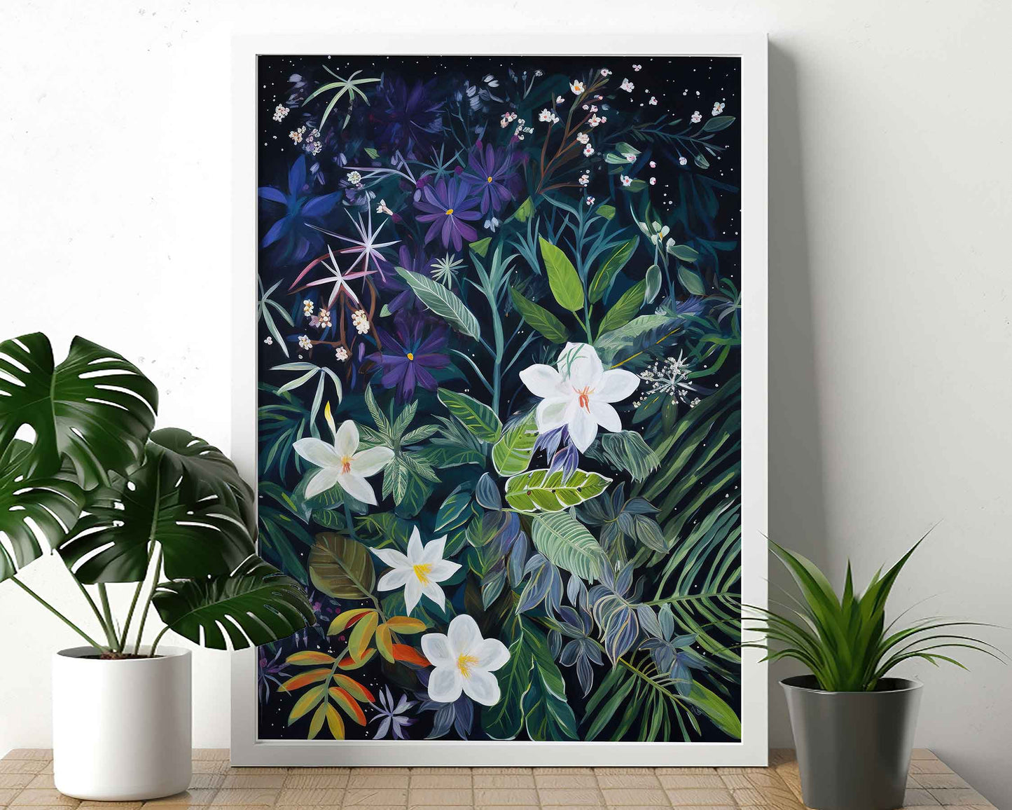 Framed Image of Wall Art Poster Print Night Tropical Flowers and Leaves Naive Style