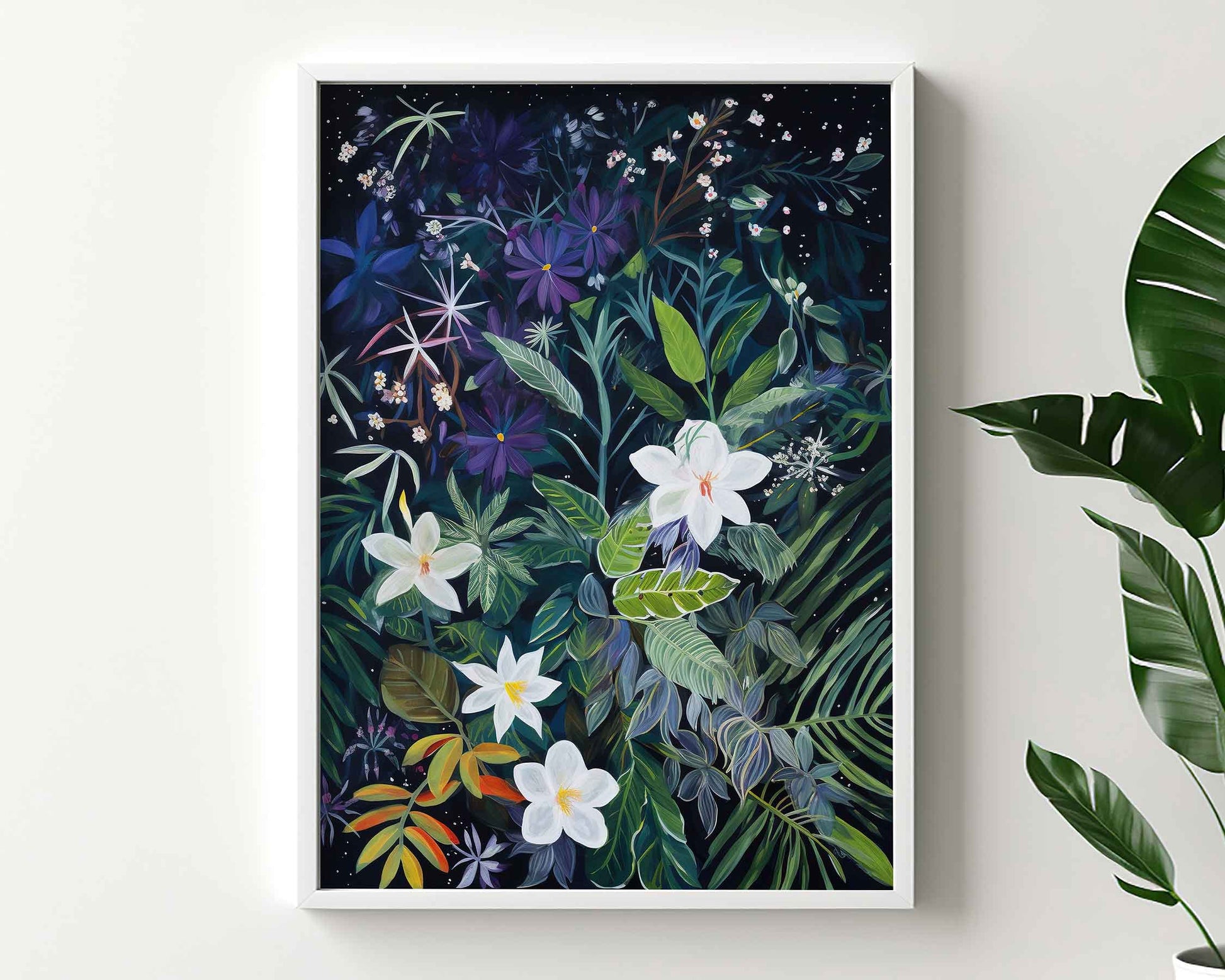 Framed Image of Wall Art Poster Print Night Tropical Flowers and Leaves Naive Style