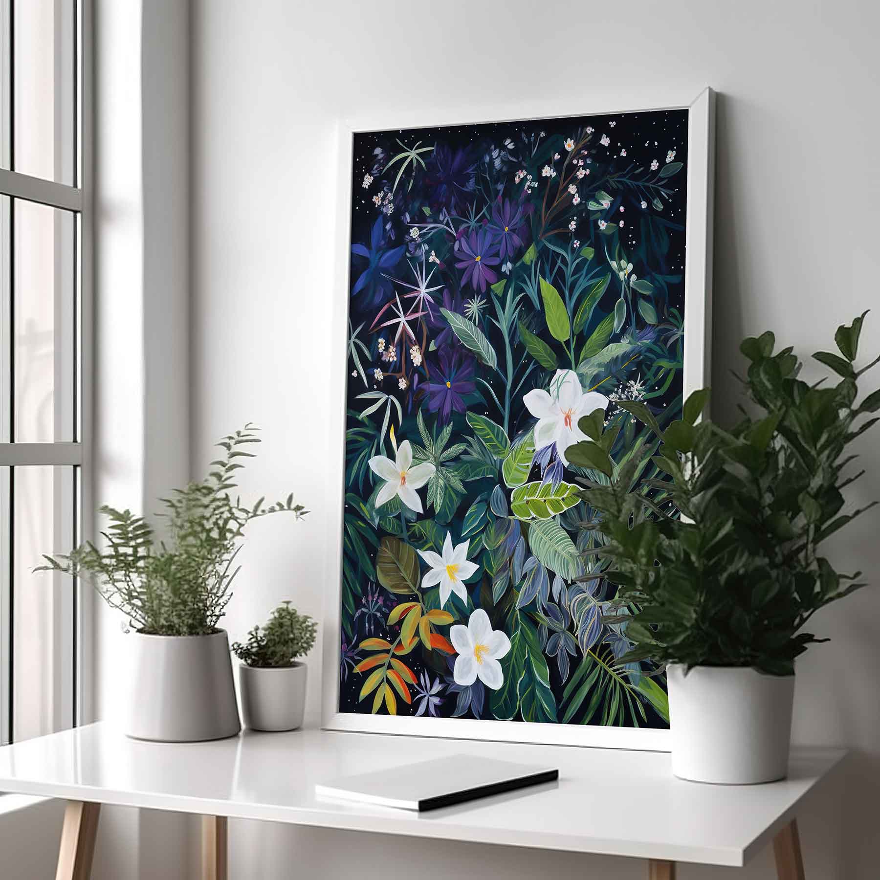 Framed Image of Wall Art Poster Print Night Tropical Flowers and Leaves Naive Style