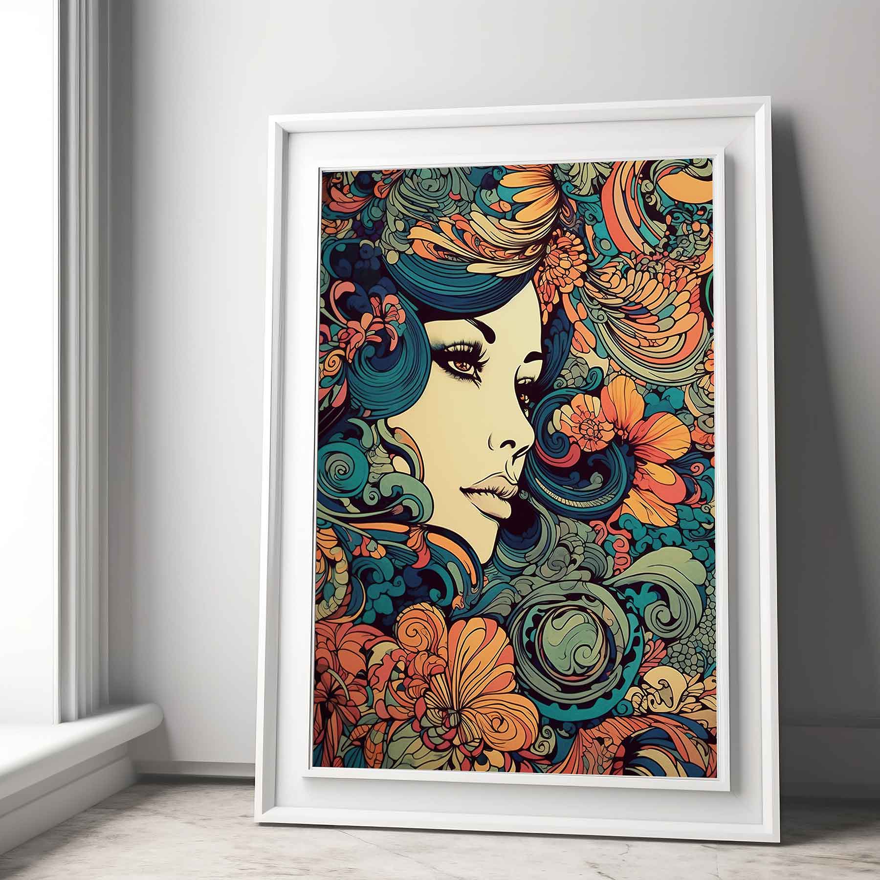 Framed Image of Parisian Vintage 70s Art Nouveau Psychedelic Wall Art Poster Print