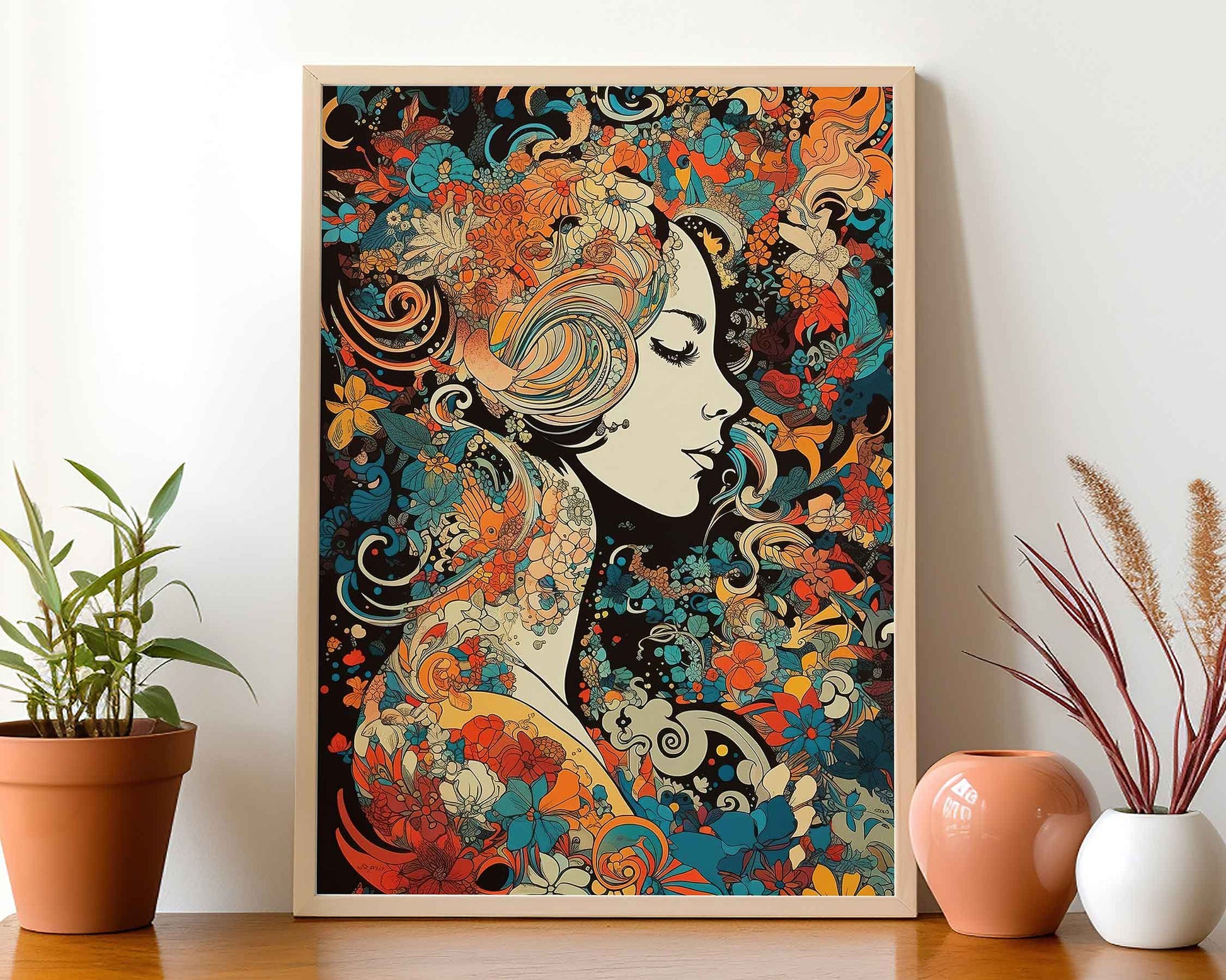 Framed Image of Vintage Art Nouveau Parisian 70s Psychedelic Wall Art Poster Print