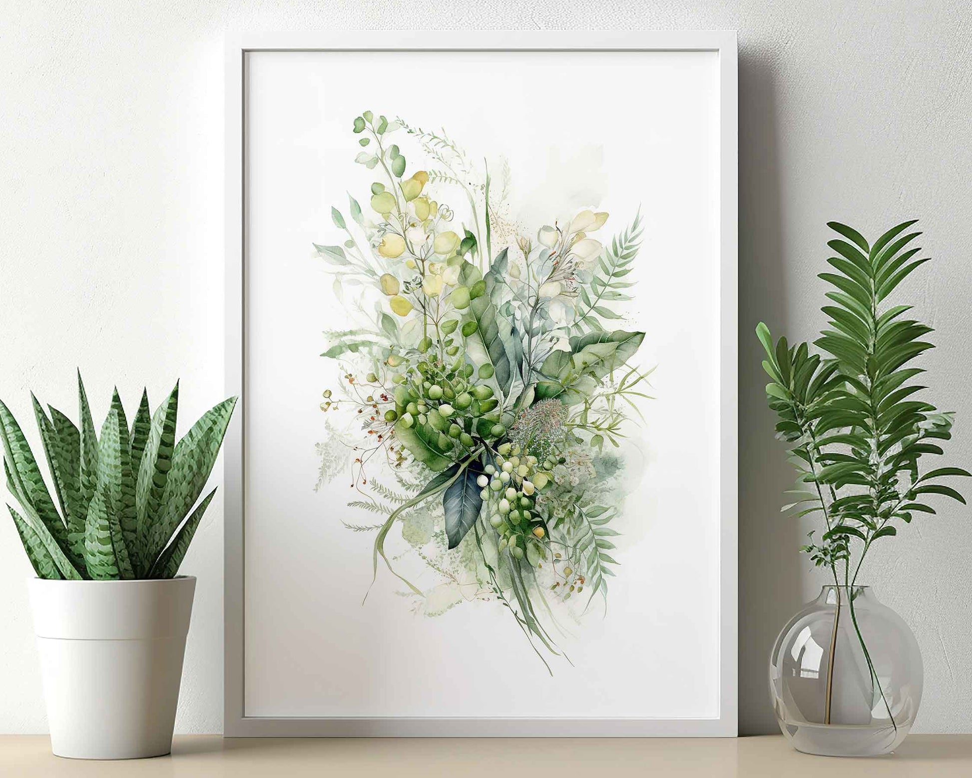 Framed Image of Botanical Wall Art Poster of Ferns and Eucalyptus Leaf Paintings