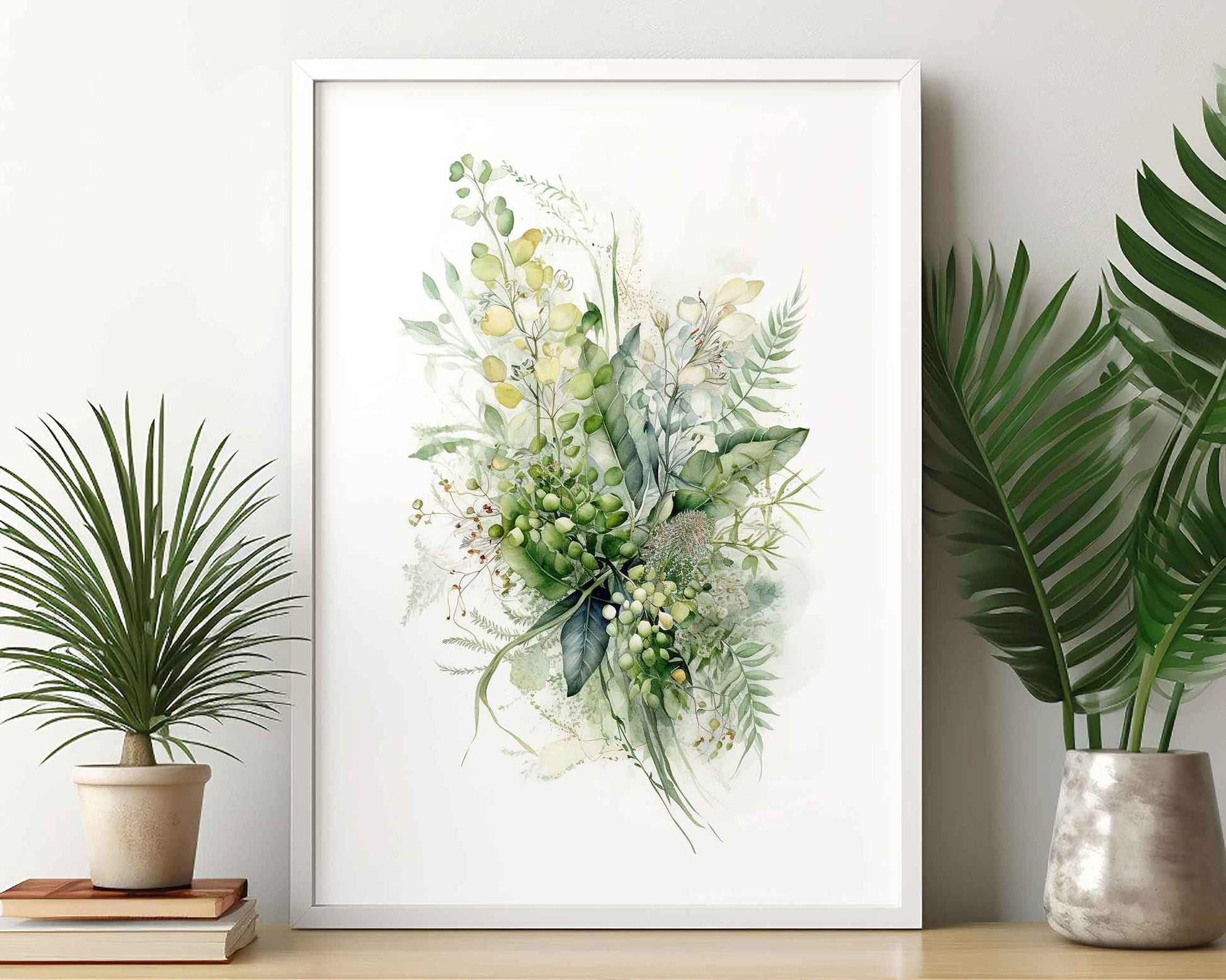 Framed Image of Botanical Wall Art Poster of Ferns and Eucalyptus Leaf Paintings