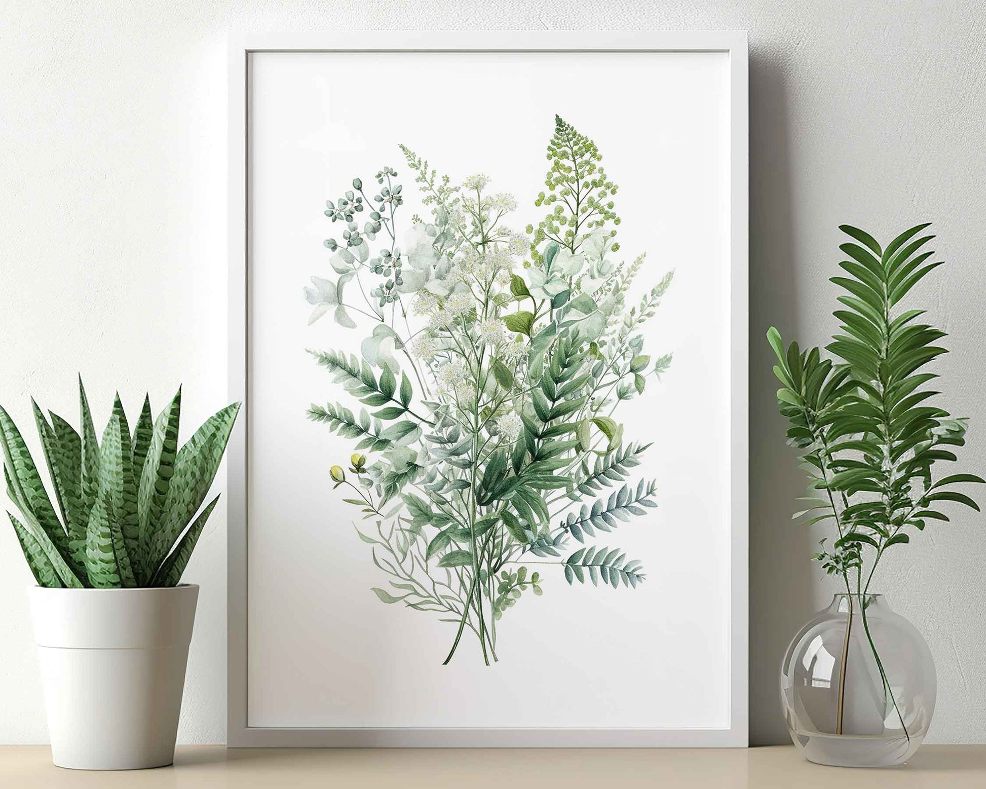 Framed Image of Botanical Art Wall Poster of Ferns and Eucalyptus Leaf Paintings