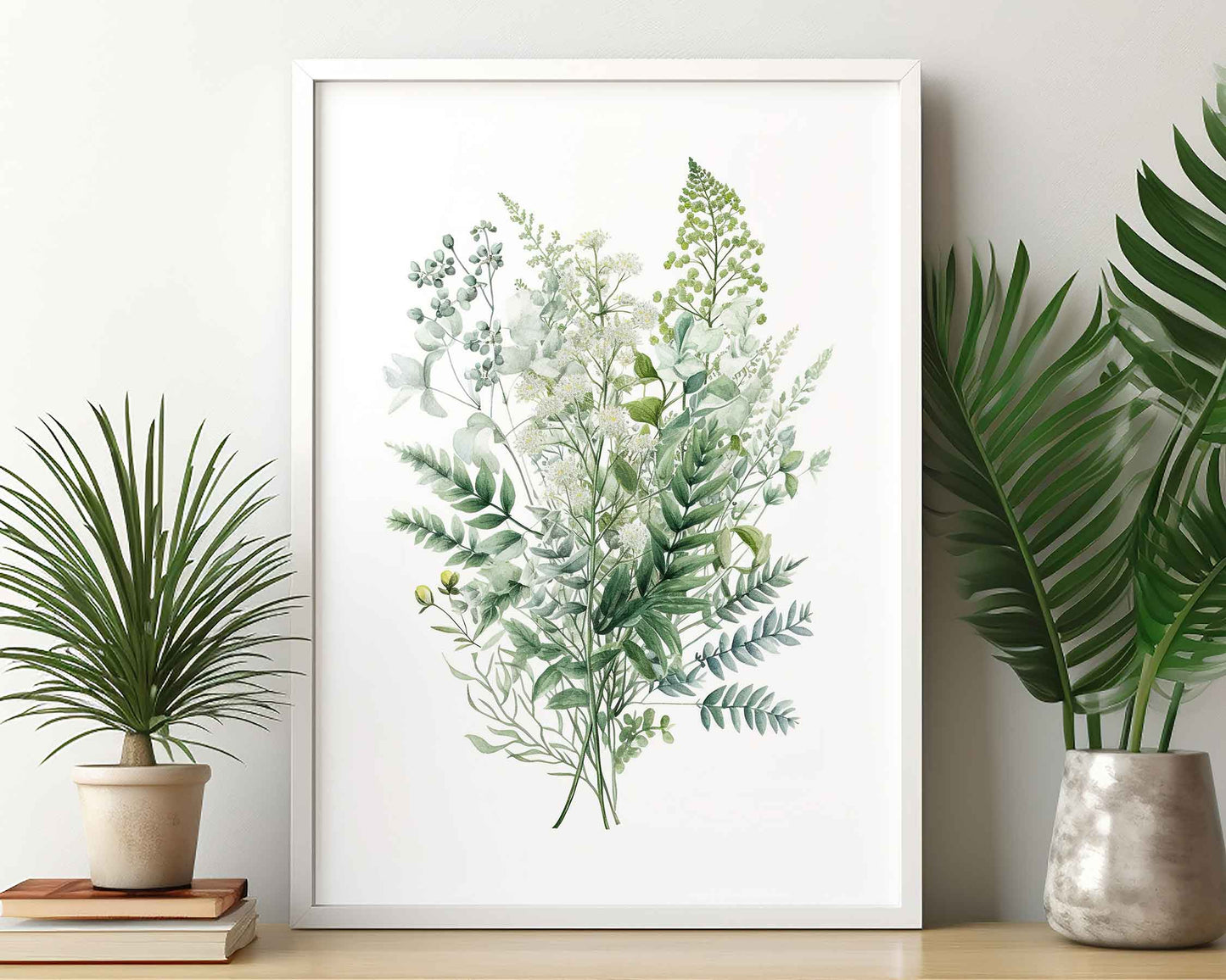 Framed Image of Botanical Art Wall Poster of Ferns and Eucalyptus Leaf Paintings