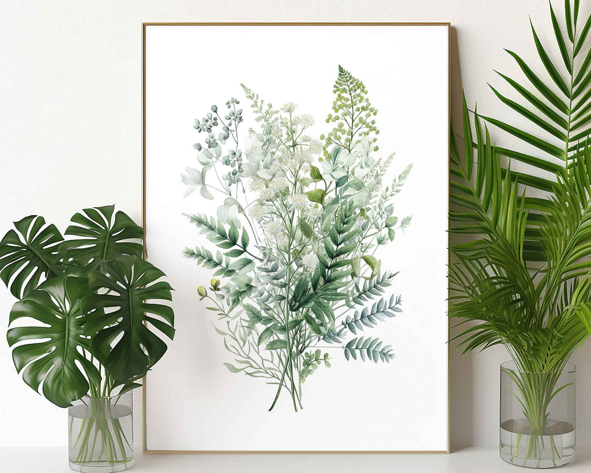 Framed Image of Botanical Art Wall Poster of Ferns and Eucalyptus Leaf Paintings