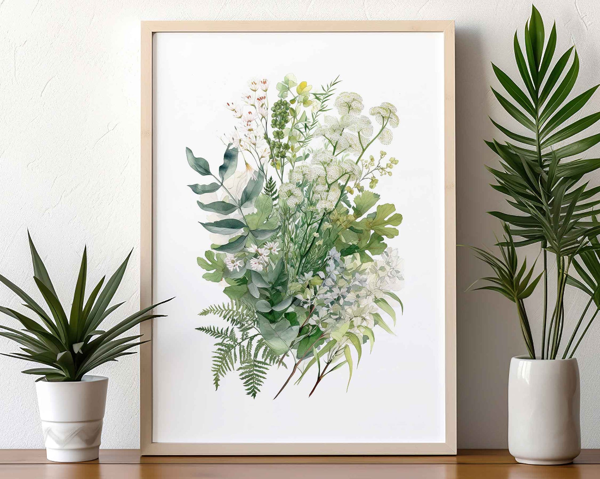 Framed Image of Botanical Art Wall Poster of Eucalyptus and Fern Leaf Paintings