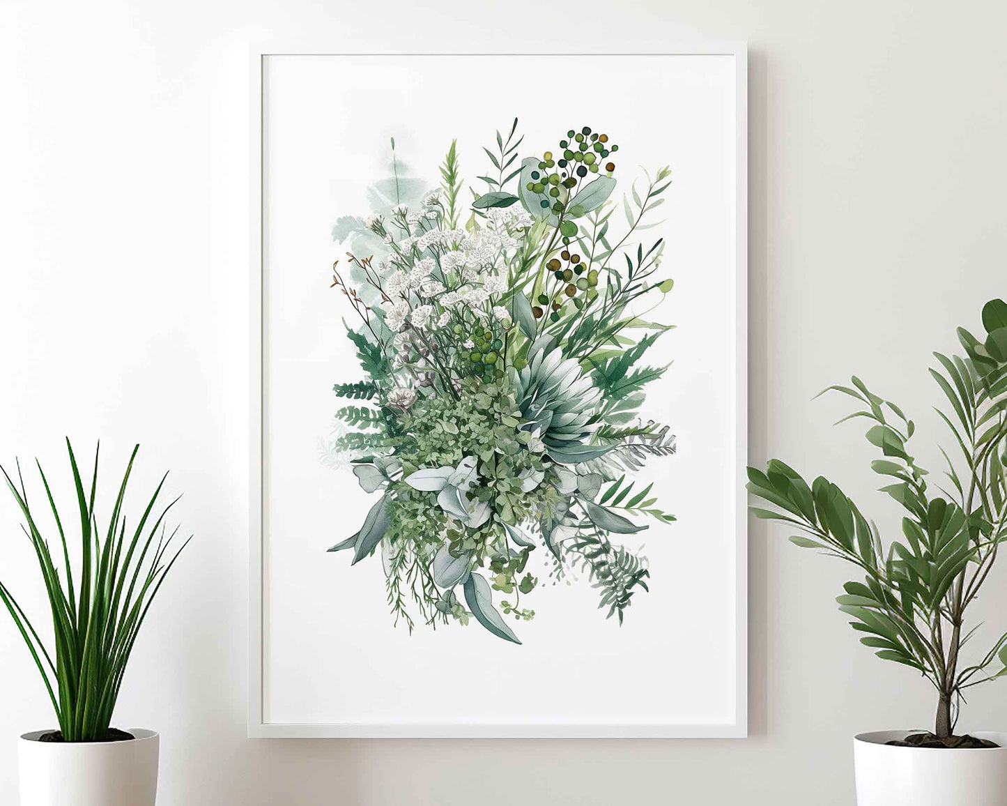 Framed Image of Ferns and Eucalyptus Leaf Botanical Paintings Wall Art Print