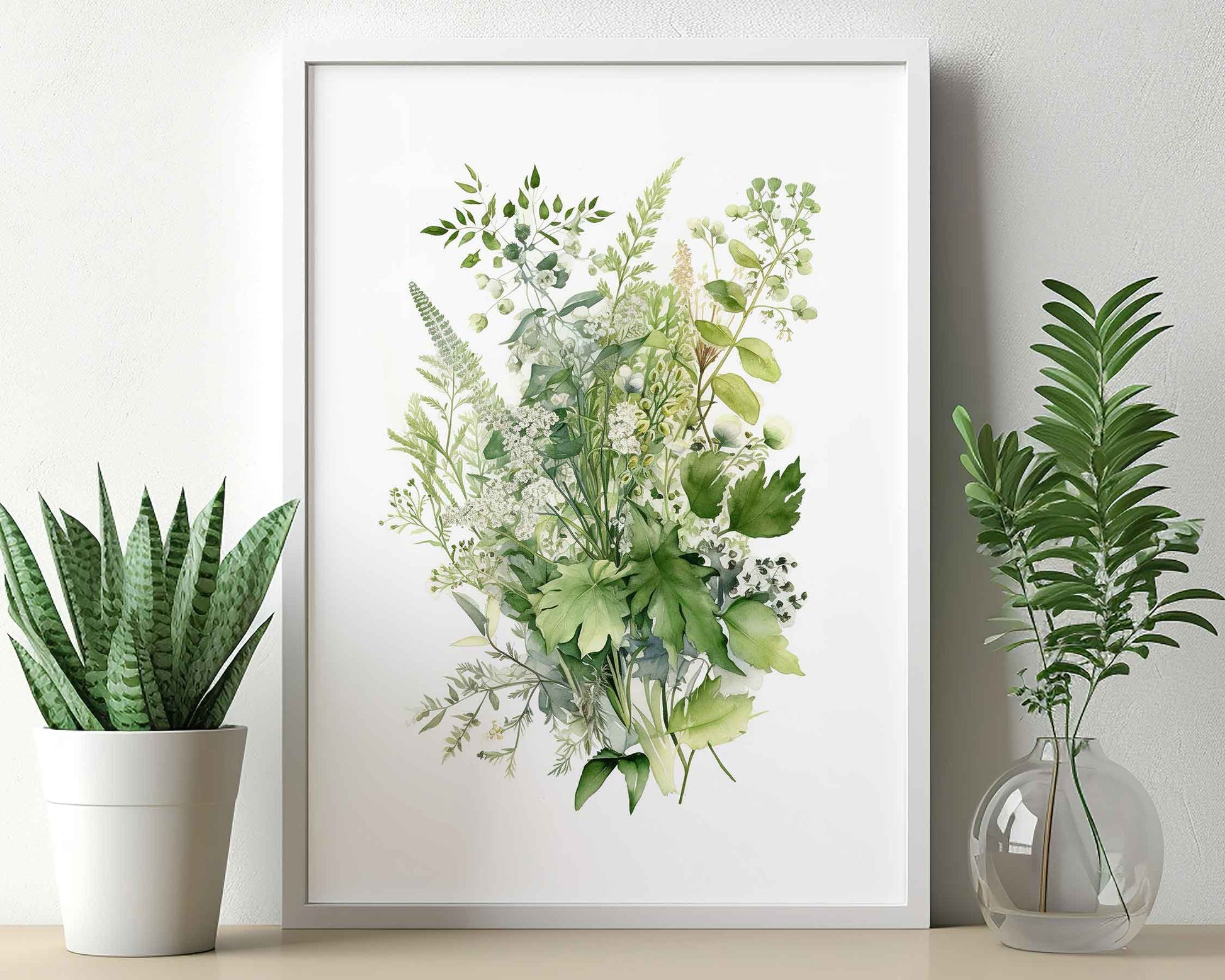 Framed Image of Botanical Ferns and Eucalyptus Leaf Painting Wall Art Prints