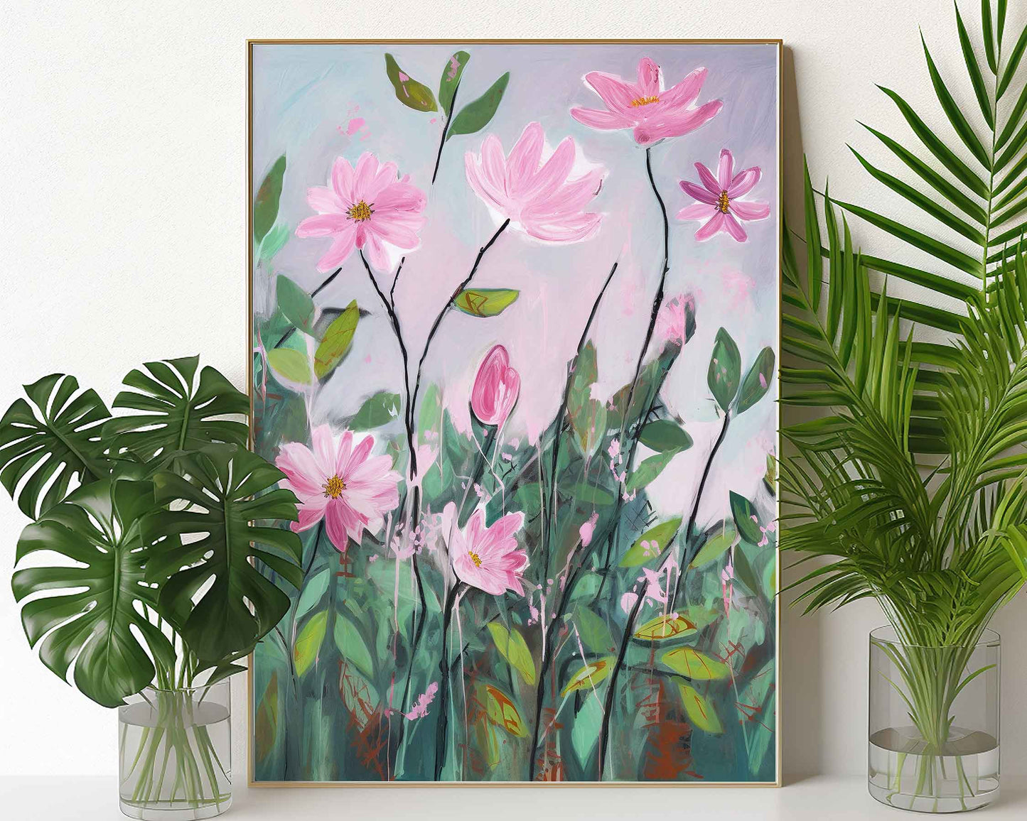Framed Image of Vintage Pink Flowers Abstract Oil Paintings Wall Art Poster Print Gift