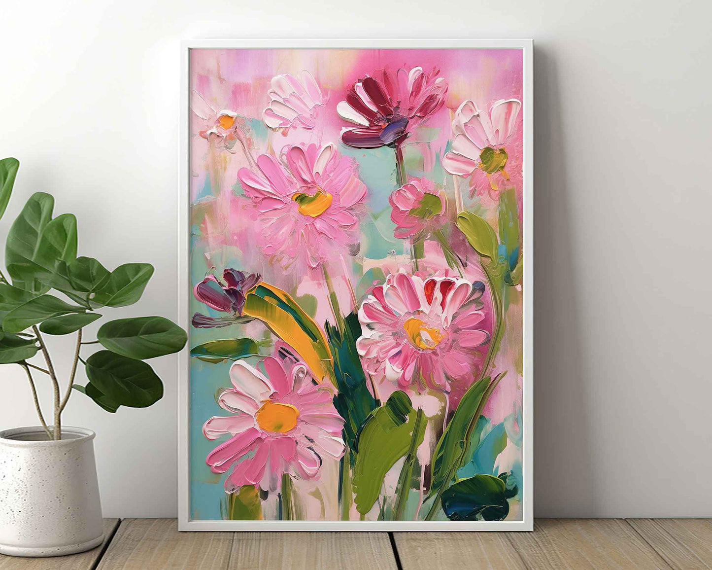 Framed Image of Pink Flowers Abstract Vintage Oil Paintings Wall Art Poster Print Gift