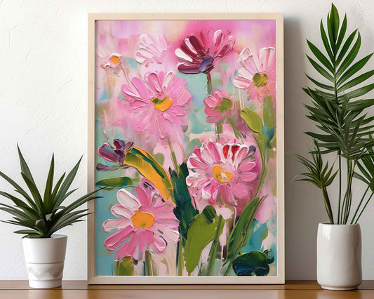 Framed Image of Pink Flowers Abstract Vintage Oil Paintings Wall Art Poster Print Gift