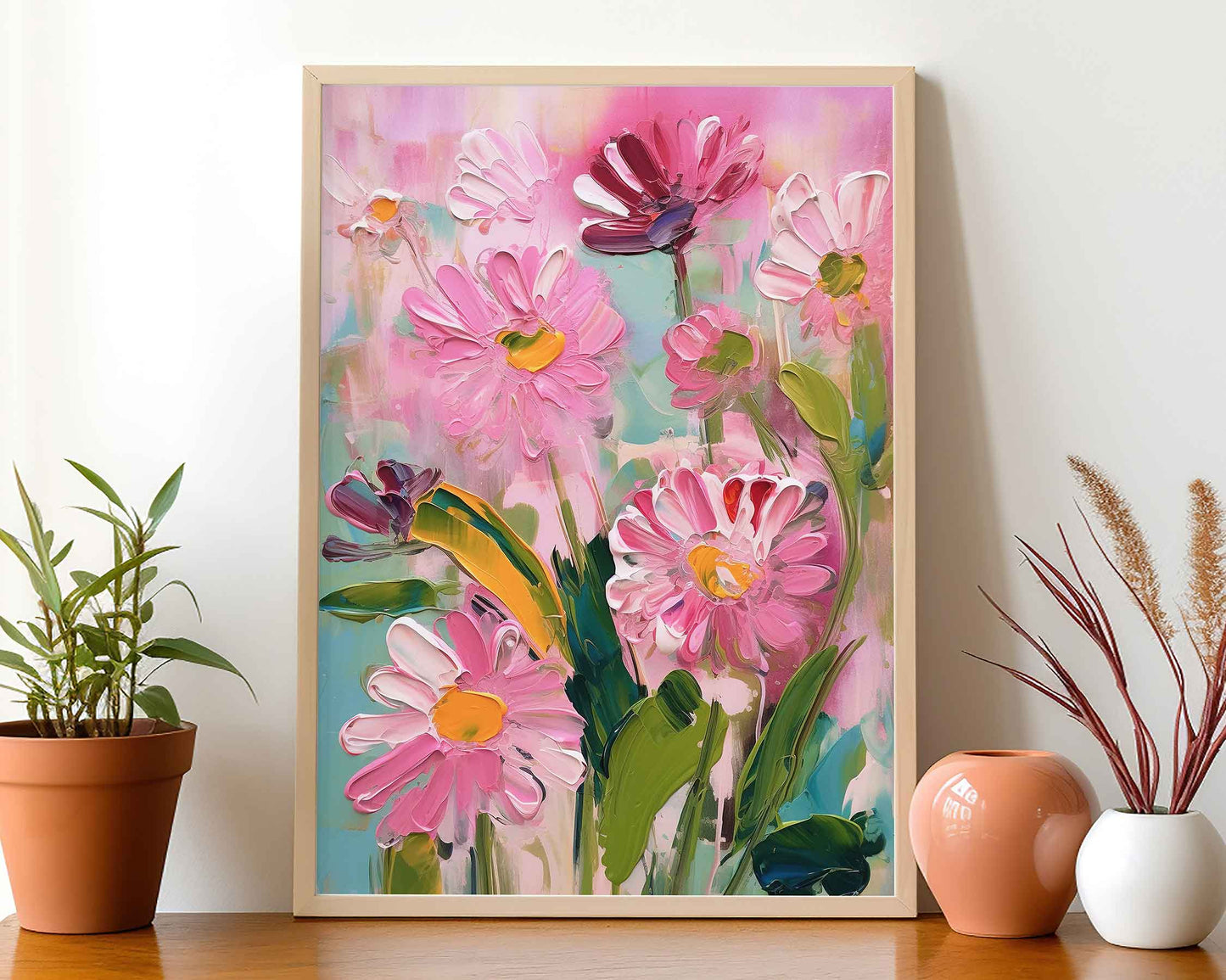 Framed Image of Pink Flowers Abstract Vintage Oil Paintings Wall Art Poster Print Gift