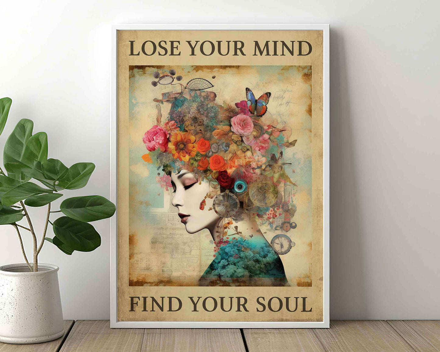Framed Image of Lose Your Mind Find Your Soul Vintage Famous Quote Art Print in Beige