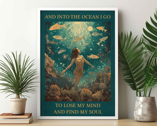 Framed Image of Famous Quote Vintage Art Print, Into The Ocean I Go To Lose My Mind