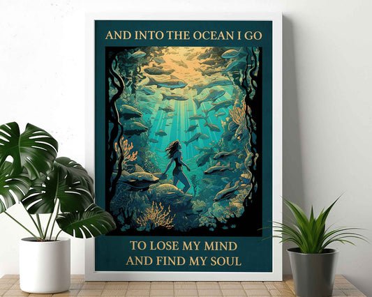 Framed Image of Into The Ocean I Go, To Lose My Mind, Famous Quote Vintage Art Print