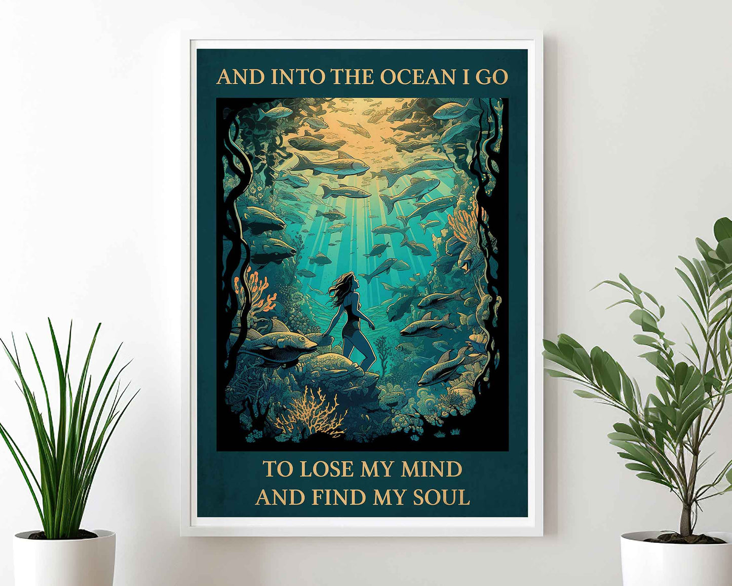Framed Image of Into The Ocean I Go, To Lose My Mind, Famous Quote Vintage Art Print