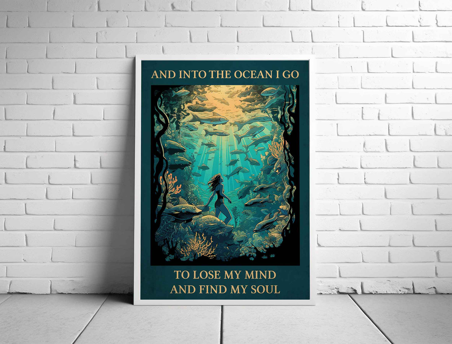 Framed Image of Into The Ocean I Go, To Lose My Mind, Famous Quote Vintage Art Print