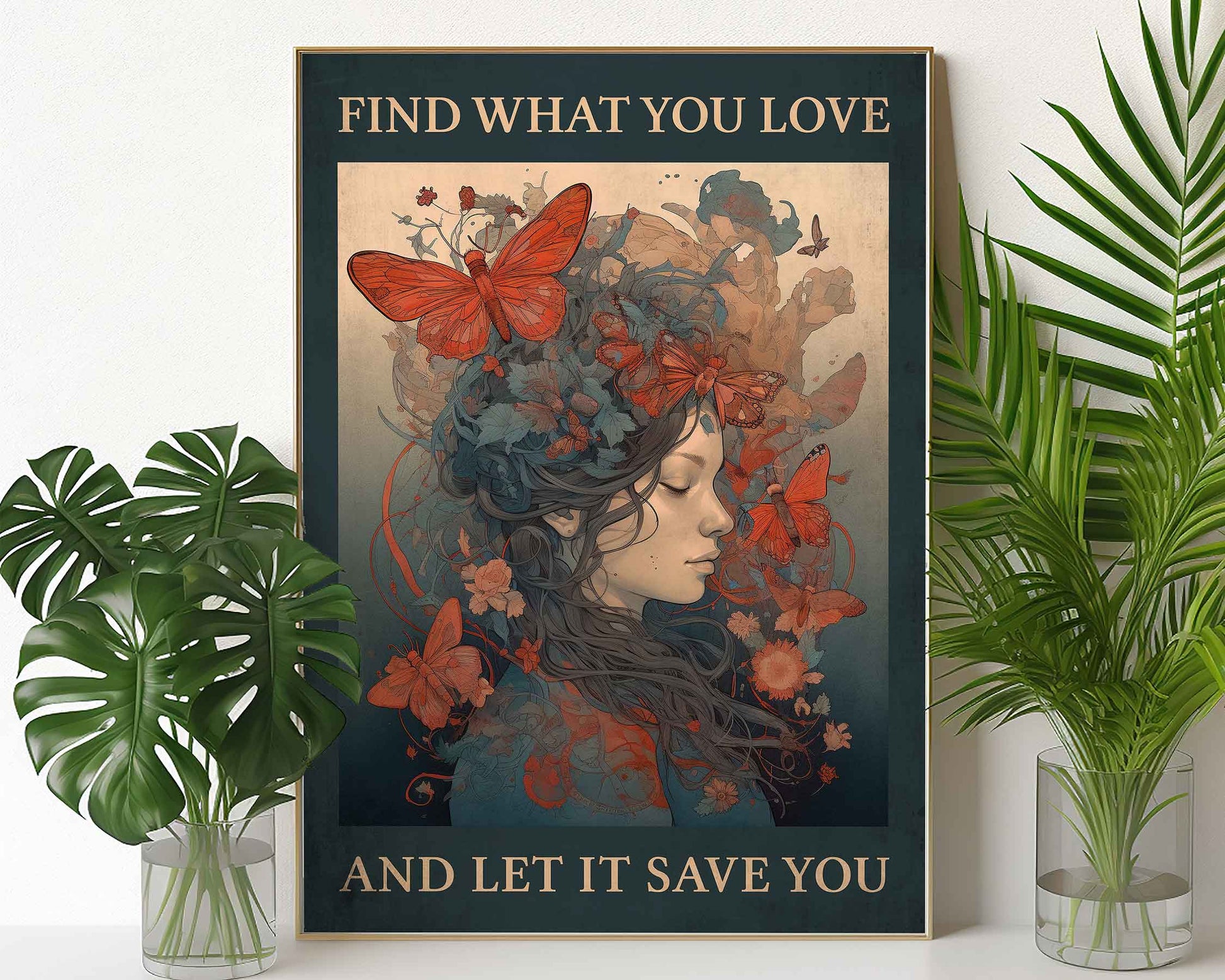 Framed Image of Find What You Love And Let It Save You Vintage Art Print Famous Quote