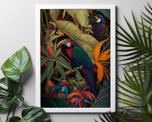 Framed Image of Botanical Jungle Wall Art, Maximalist Style Oil Painting Prints