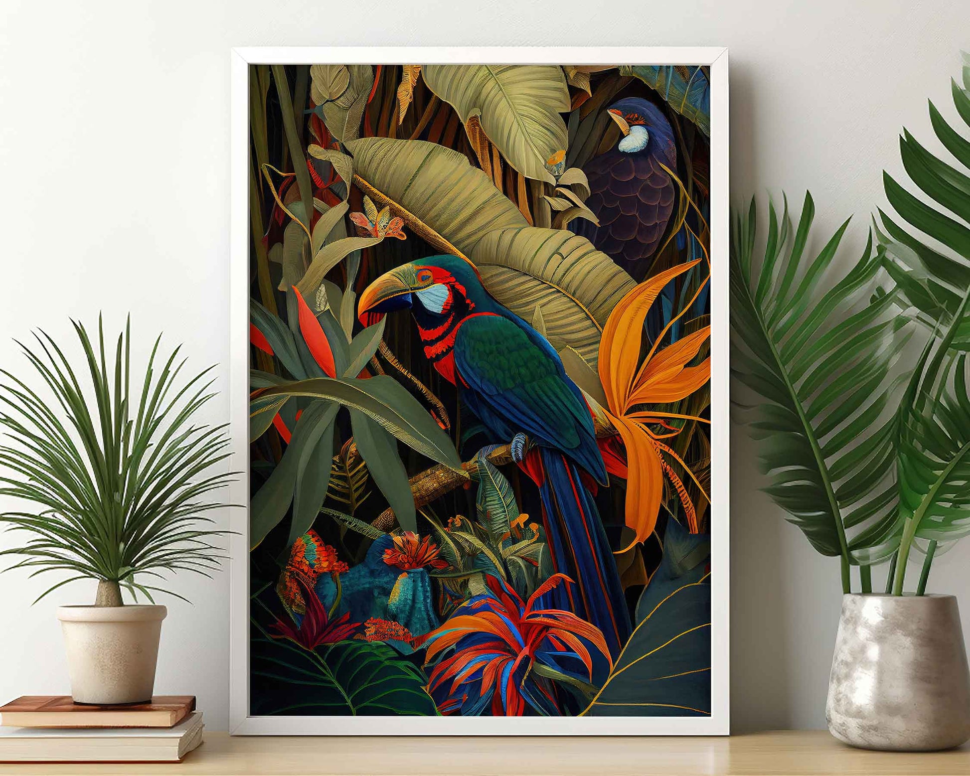 Framed Image of Botanical Jungle Wall Art, Maximalist Style Oil Painting Prints