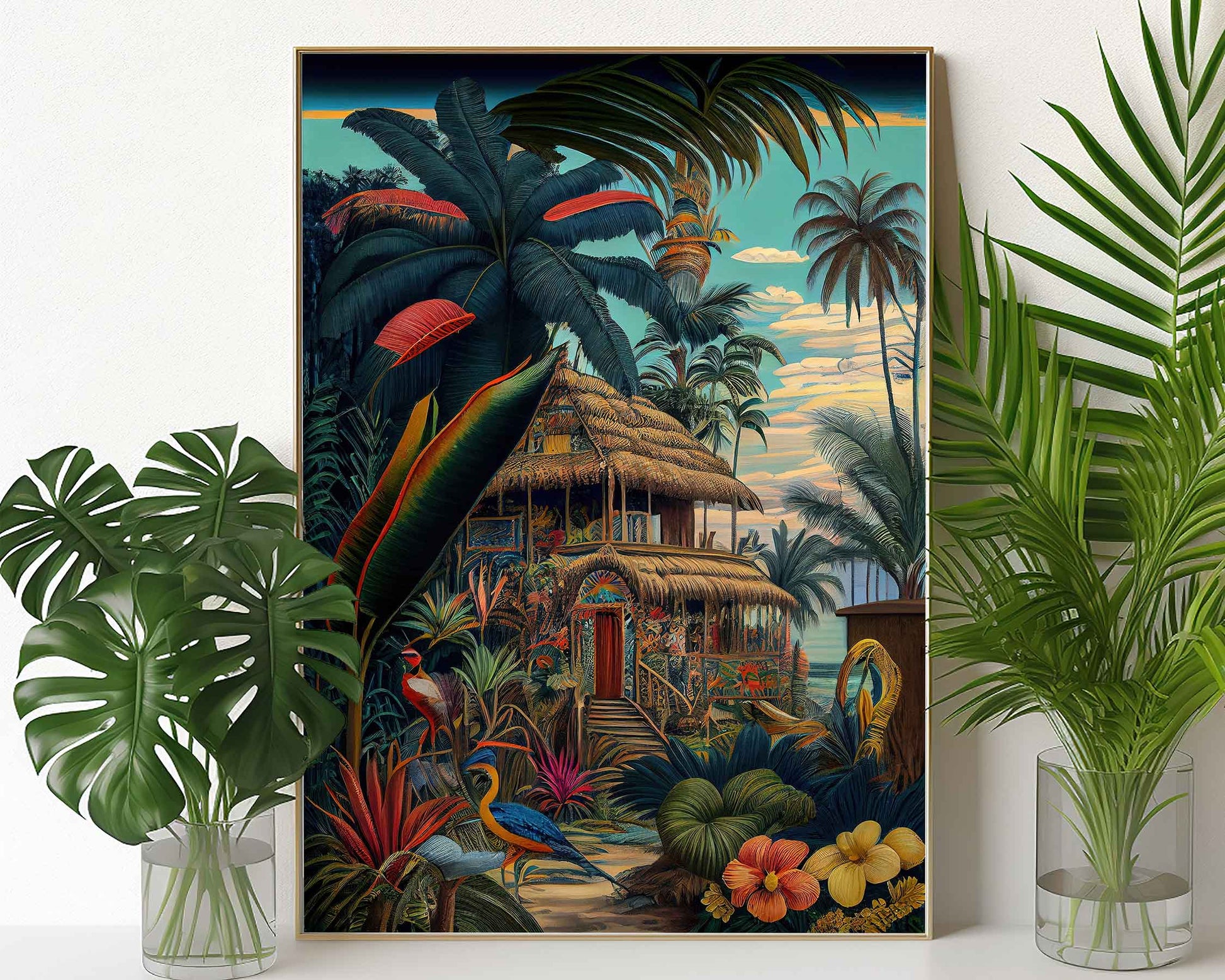 Framed Image of Jungle Botanical Wall Art, Maximalist Style Oil Painting Prints