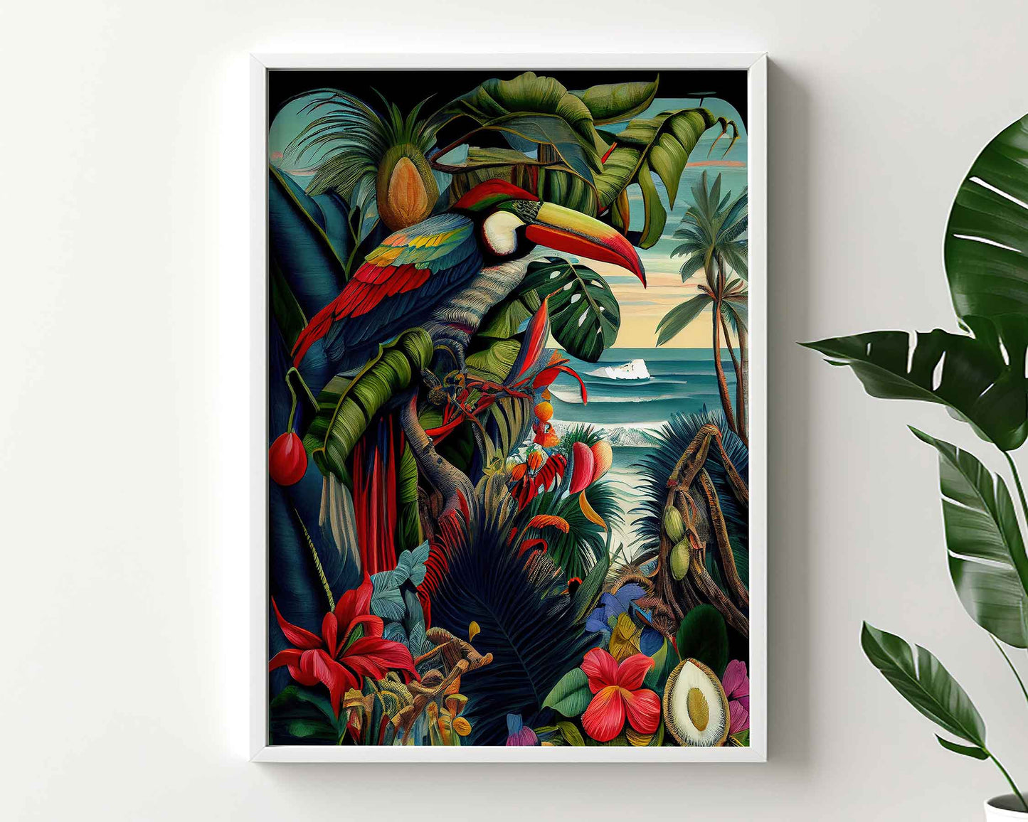 Framed Image of Jungle Botanical Wall Print Art, Maximalist Style Oil Paintings