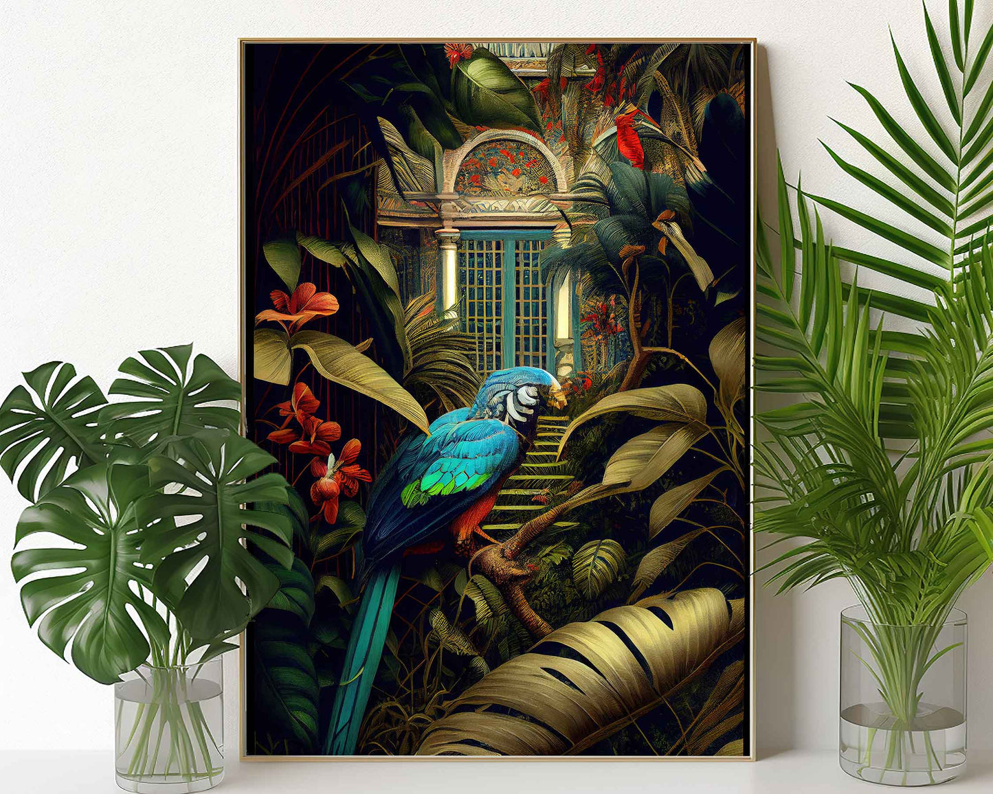 Framed Image of Botanical Jungle Maximalist Style Wall Art Print Oil Paintings