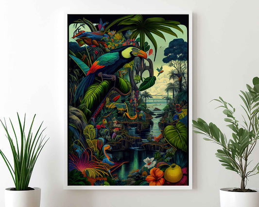 Framed Image of Botanical Maximalist Style Jungle Oil Paintings Wall Art Prints