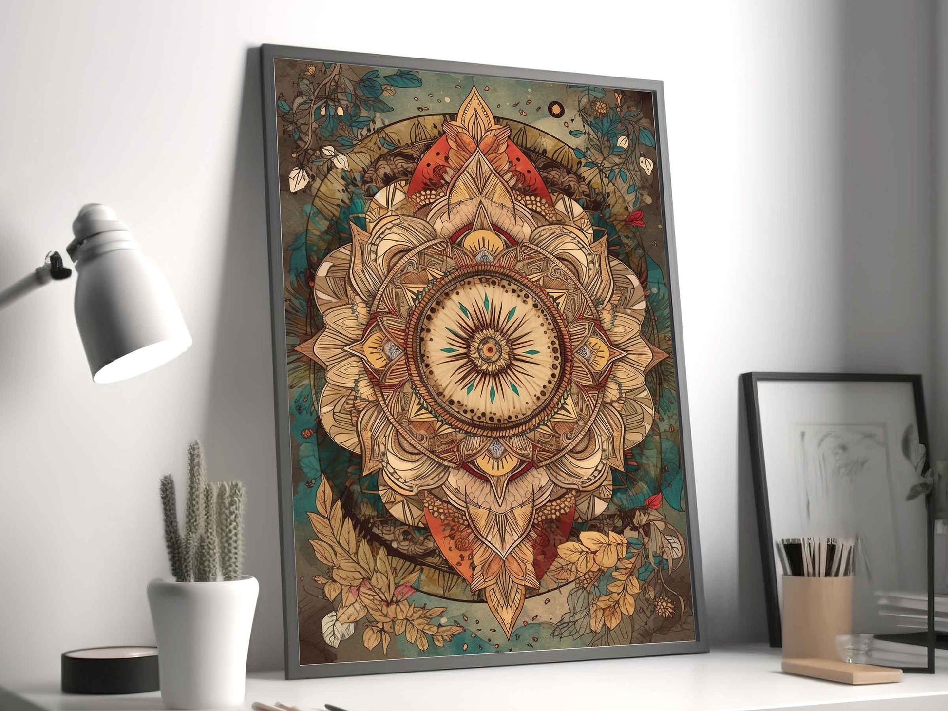 Framed Image of Boho Mandalas Earth Tone Flowers and Feathers Wall Art Poster Prints