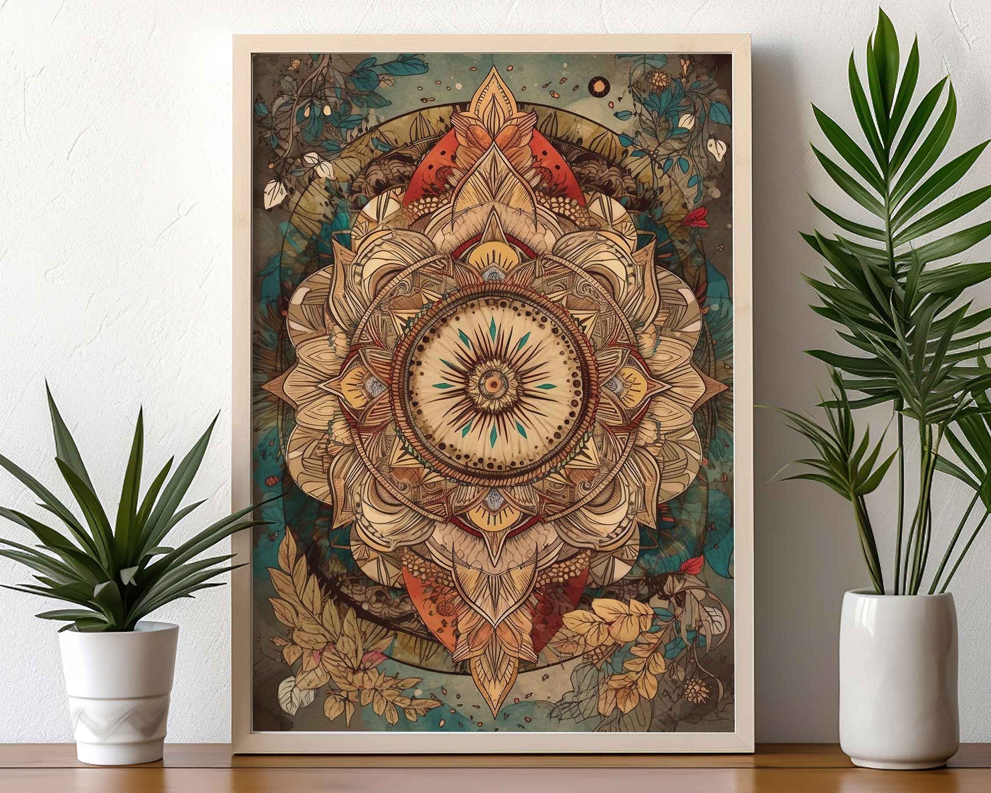 Framed Image of Boho Mandalas Earth Tone Flowers and Feathers Wall Art Poster Prints