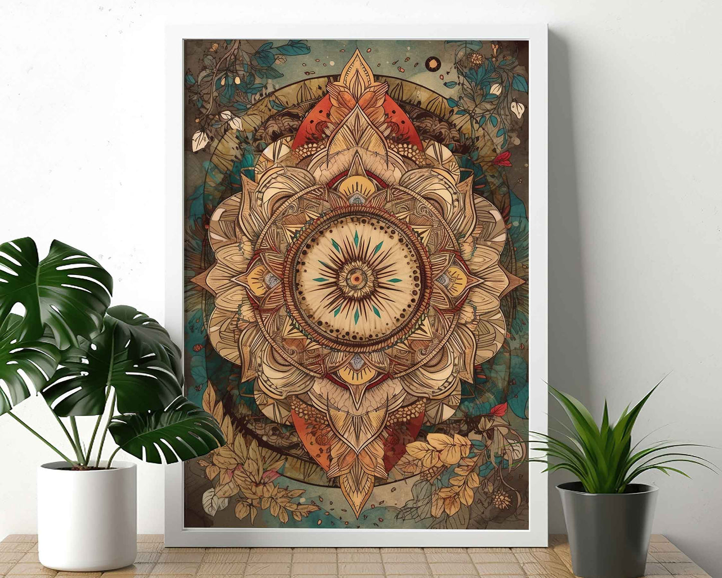 Framed Image of Boho Mandalas Earth Tone Flowers and Feathers Wall Art Poster Prints