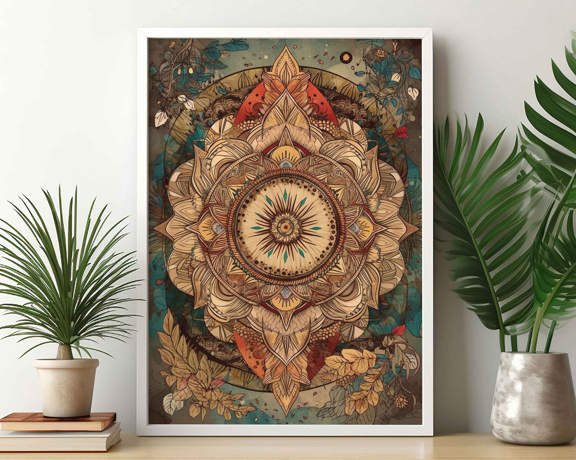 Framed Image of Boho Mandalas Earth Tone Flowers and Feathers Wall Art Poster Prints