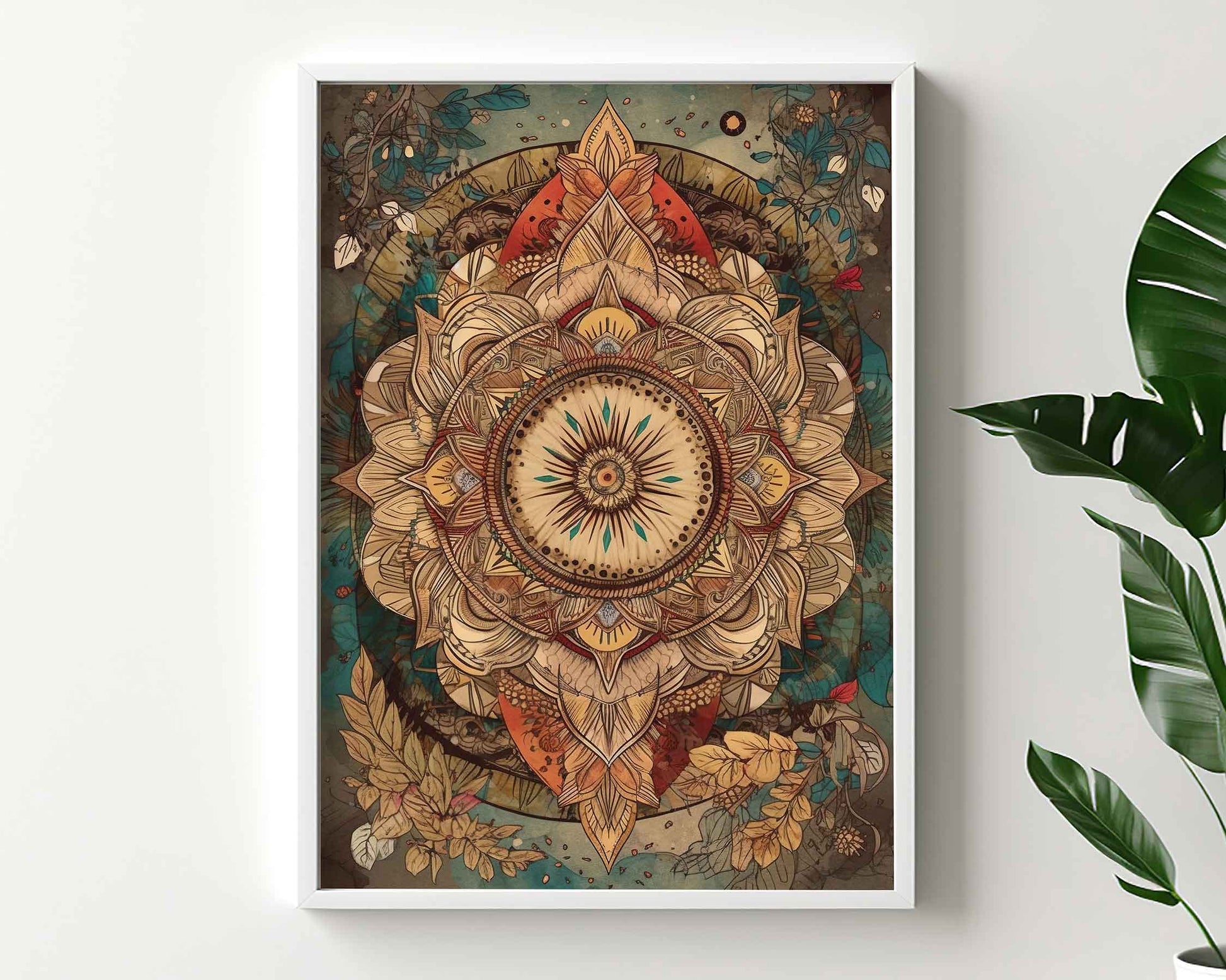 Framed Image of Boho Mandalas Earth Tone Flowers and Feathers Wall Art Poster Prints