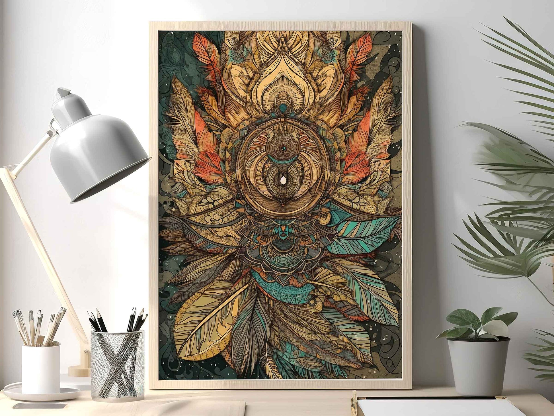 Framed Image of Boho Earth Tone Mandalas Flowers and Feathers Wall Art Poster Prints