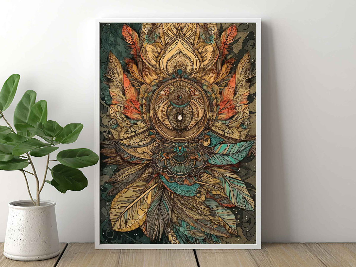 Framed Image of Boho Earth Tone Mandalas Flowers and Feathers Wall Art Poster Prints