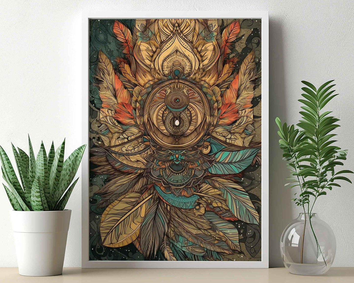 Framed Image of Boho Earth Tone Mandalas Flowers and Feathers Wall Art Poster Prints