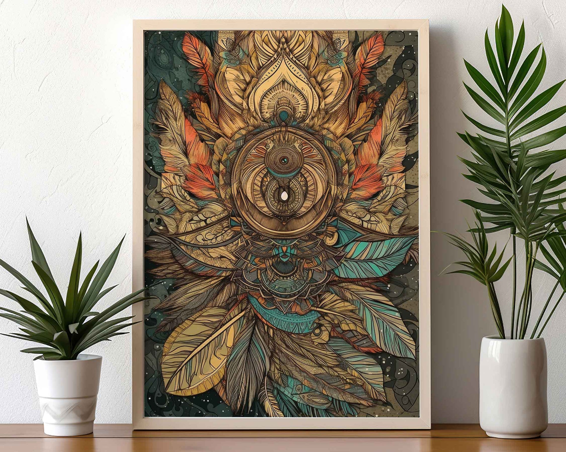 Framed Image of Boho Earth Tone Mandalas Flowers and Feathers Wall Art Poster Prints