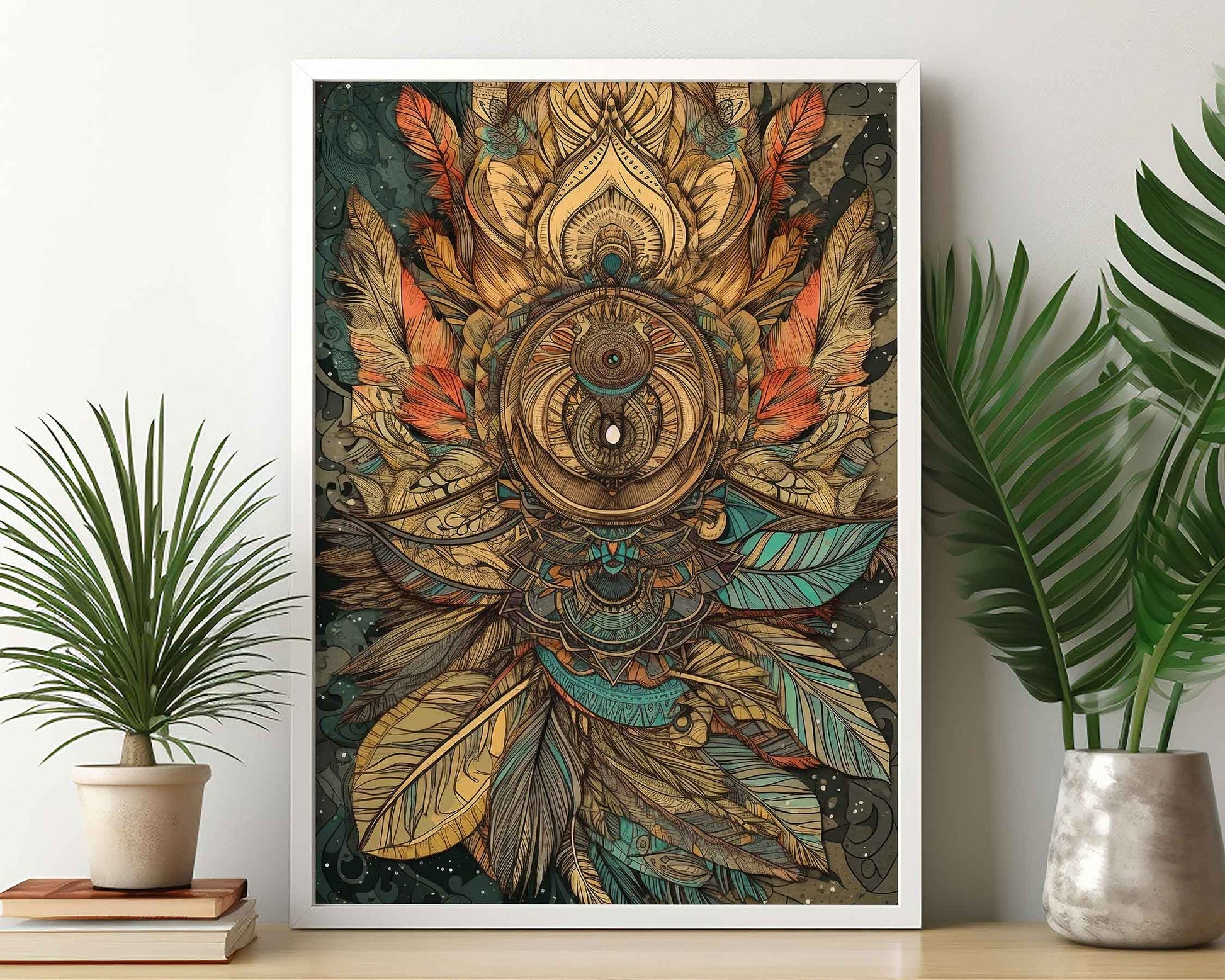 Framed Image of Boho Earth Tone Mandalas Flowers and Feathers Wall Art Poster Prints