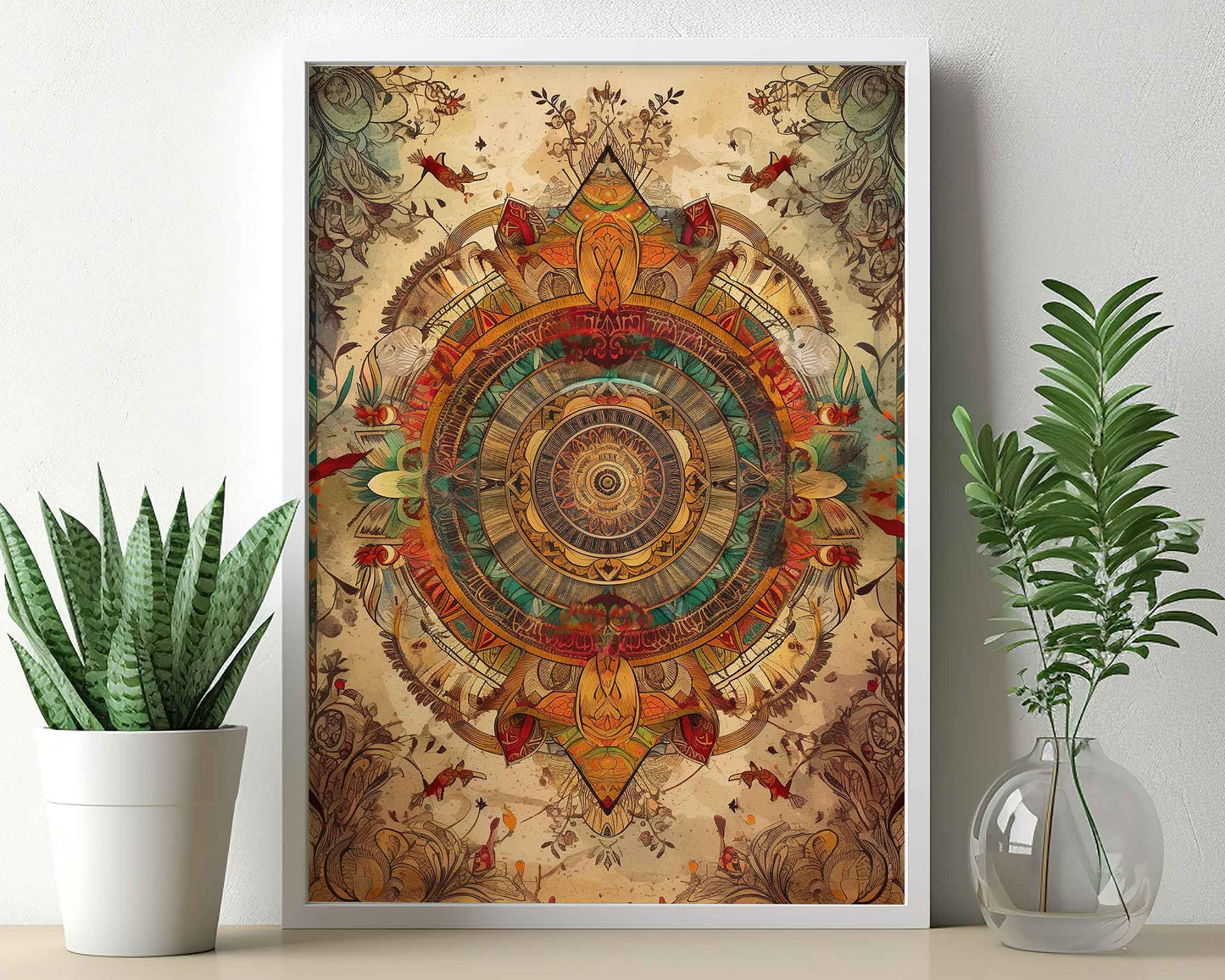 Framed Image of Earth Tone Boho Mandalas Flowers and Feathers Wall Art Poster Prints