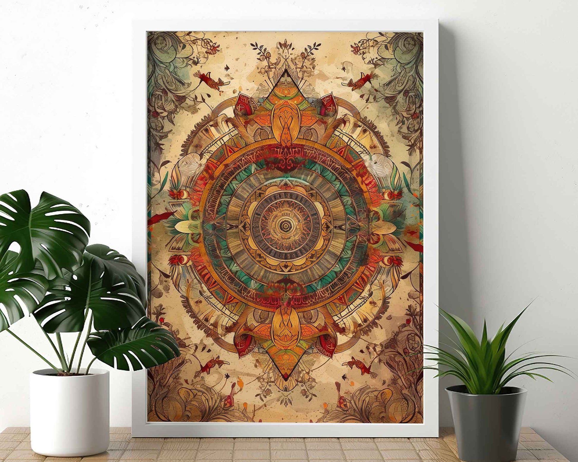 Framed Image of Earth Tone Boho Mandalas Flowers and Feathers Wall Art Poster Prints