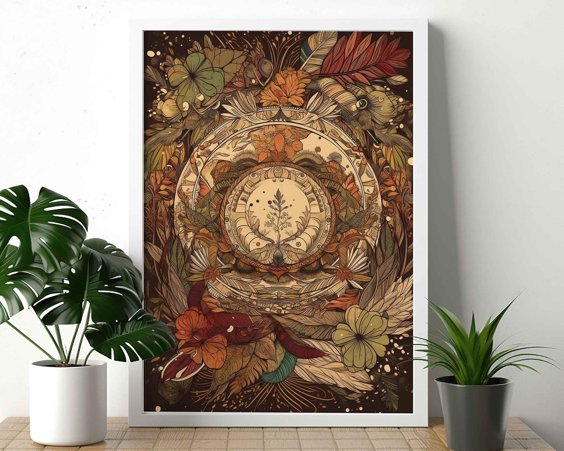 Framed Image of Mandala Boho Earth Tones Feathers and Flowers Wall Art Poster Prints