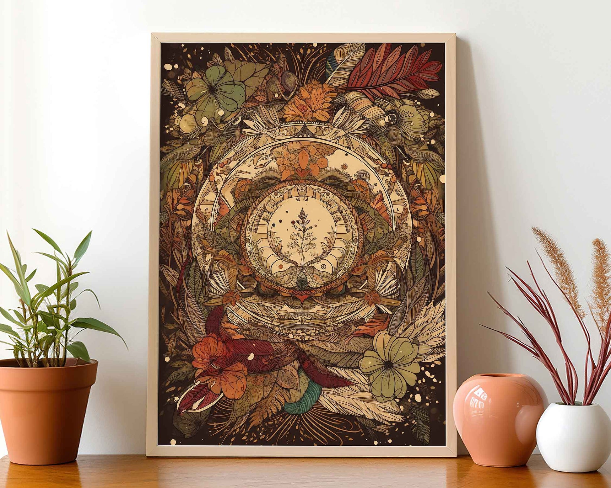 Framed Image of Mandala Boho Earth Tones Feathers and Flowers Wall Art Poster Prints